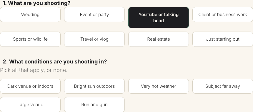 Gear Setup Wizard showing its shoot type and condition questions.