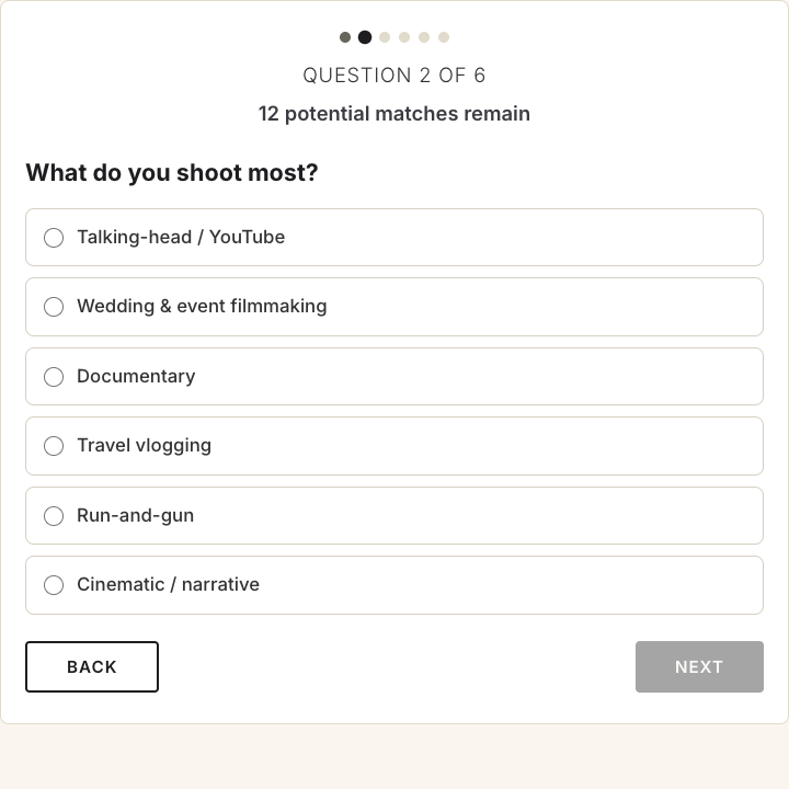 Sony Lens Advisor asking which type of video you shoot.